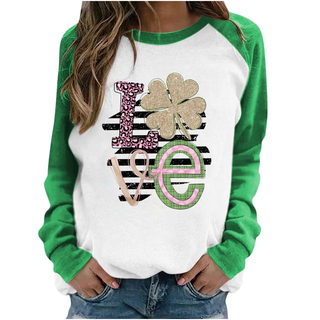Pompotops T-Shirt Décontracté à Manches Longues et Col Rond Imprimé Patchwork de Printemps pour Femmes pour la Saint-Patrick