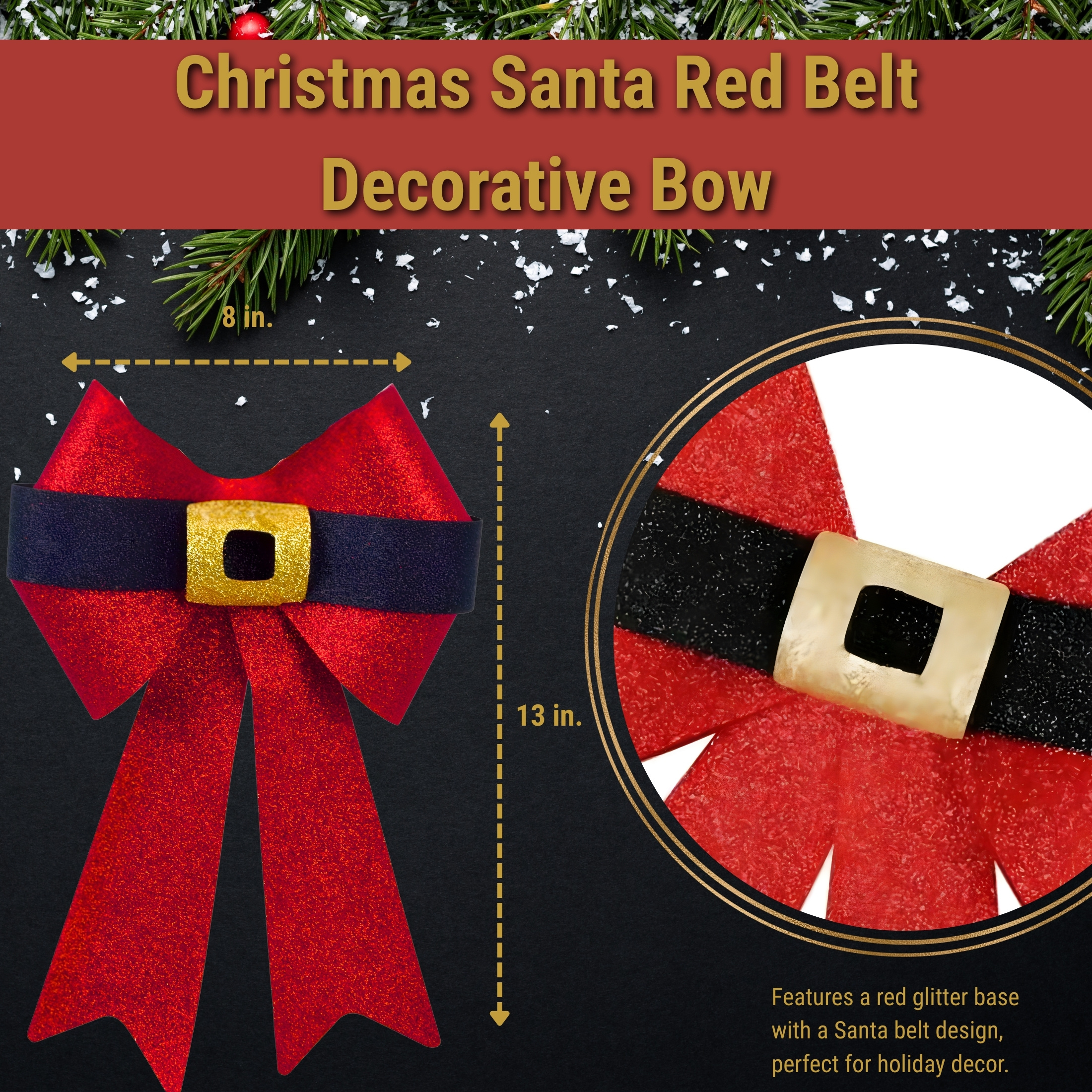4-Pack Large Red Glitter Santa Belt Bows, 13in. x 9in. Christmas Decorative Ribbon with Black Belt and Gold Buckle for Door Wreaths Garlands Trees Holiday Decor