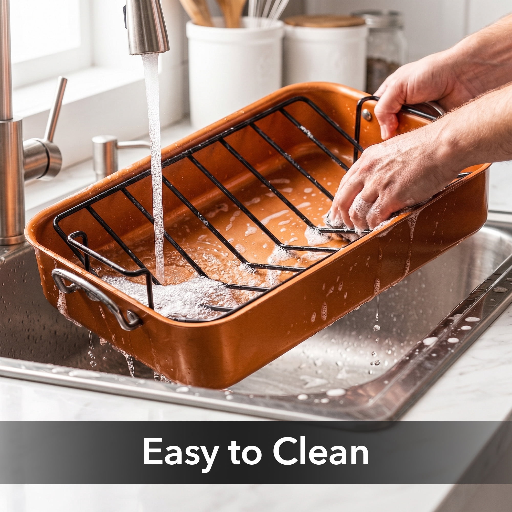 OVENTE 17" Carbon Steel Roasting Pan with V-Shape Rack, Copper CWR30820CO | Heavy-Duty Nonstick Rectangular Turkey Roaster for Chicken, Beef, Ham and Lasagna, Dishwasher Safe