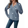 thumbnail image 3 of Cute Heart Print Sweater for Women - V-Neck Sweater Pullovers with Lace Trim, Knit Jumper Blue M, 3 of 9