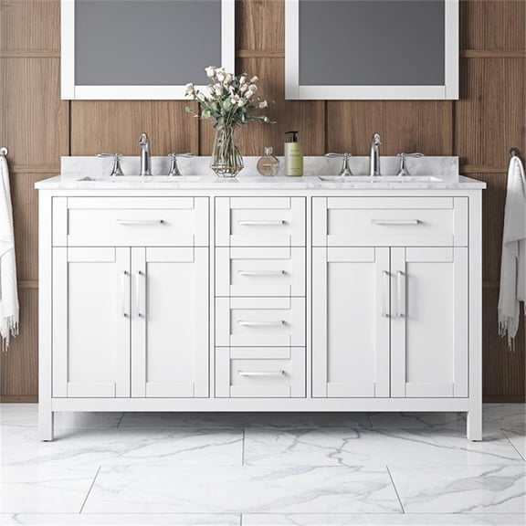 Pemberly Row 60" Double Bathroom Vanity in White with Carrara Marble Countertop