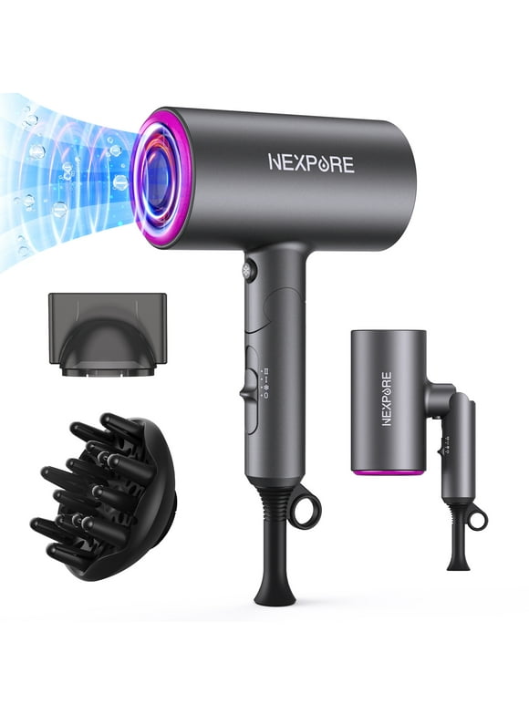 Hair Dryer, NEXPURE 1800W Professional Ionic Hairdryer for Hair Care, Powerful Hot/Cool Wind Blow Dryer, 2 Magnetic Attachments, ETL, UL and ALCI Safety Plug (Dark Grey)