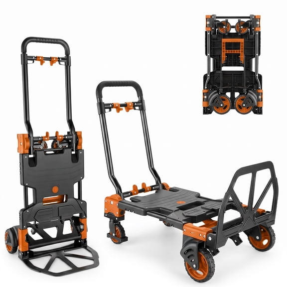 Adnoom 2-in-1 Folding Hand Truck Heavy Duty, 300 lbs Capacity Utility Cart with 4 Wheels, Retractable Handle Convertible Platform Dolly for Moving Boxes Furniture Luggage, Orange