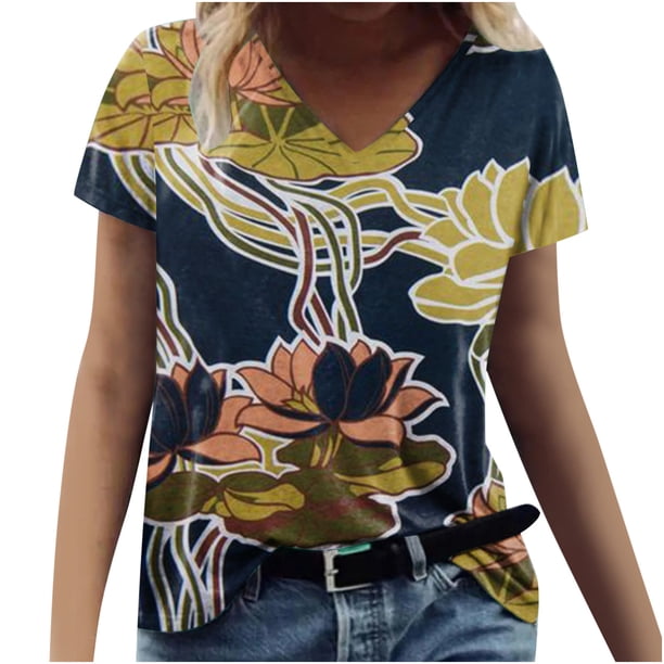 Camiseta informal para mujer con estampado floral y cuello en V, manga corta, jersey, blusa, tops Fridja zx3979