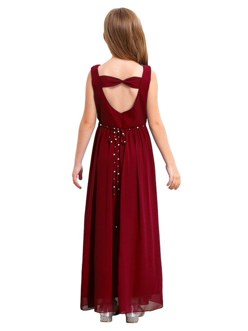Renvena Girls' Kids Chiffon Sleeveless Beaded Wedding Junior Bridesmaid Dance Prom Party Dress Burgundy 12, Girl's, Red