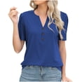 thumbnail image 2 of Hfnxid Women's Top V Neck Button Down Short Sleeve Shirt Business Casual Collared Tops Fashion Solid Color Slim Fit BlousesBlueXXL, 2 of 9