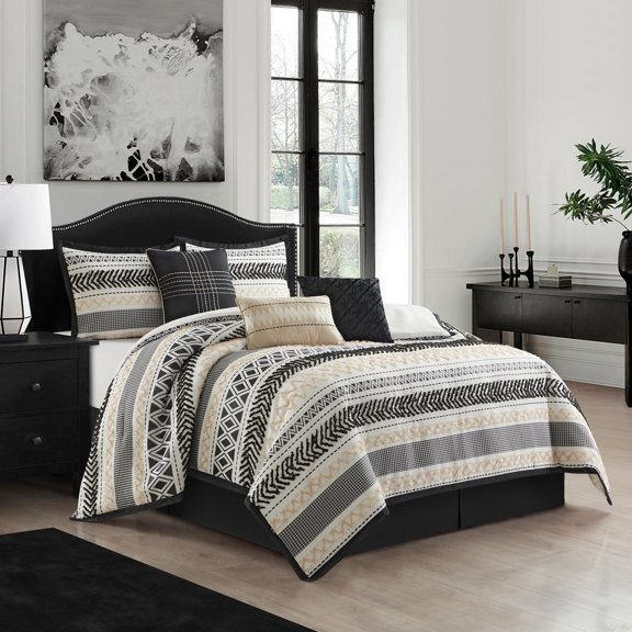 Nanshing Vina 7 Piece Contemporary Striped Comforter Set, Black Gold, Queen