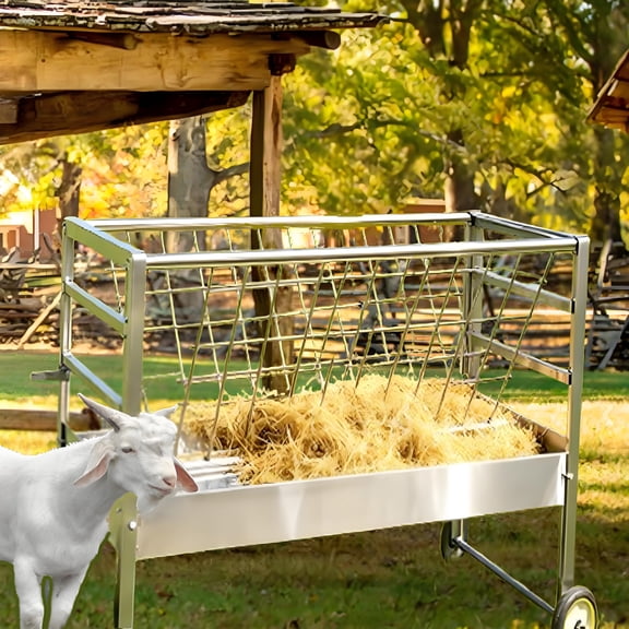  45L x 23.6W x 39.3H in Hay Feeder, 2 in 1 Grain & Hay Feeder with 4"interval grid， Feeder with wheels for  Mini Goats, Sheep, Horses