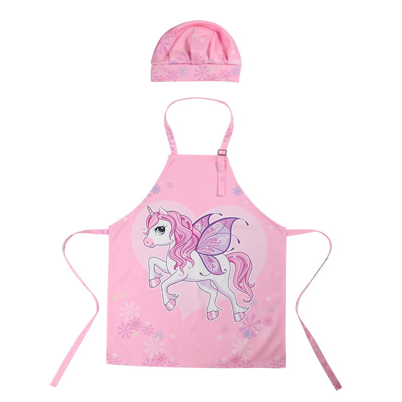 Kids Chef Costume for Boys Girls Baking Gardening Painting Role Play Age 3-12 M Unicorn Kids Apron and Chef Hat Set