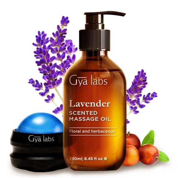 Gya Labs Lavender Relaxation Massage Oil with Roller Ball - 8.45 fl oz - Fast Absorbing 100% Pure Natural Oils for Skin, Muscle Relaxing & Calming