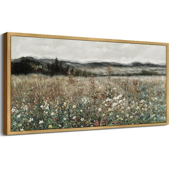 Vintage Landscape Framed Wall Art Meadow Flowers Farmhouse Decor Retro Classic Painting for Hallway Bedroom Living Room Dining Room - 20x40in Natural Framed