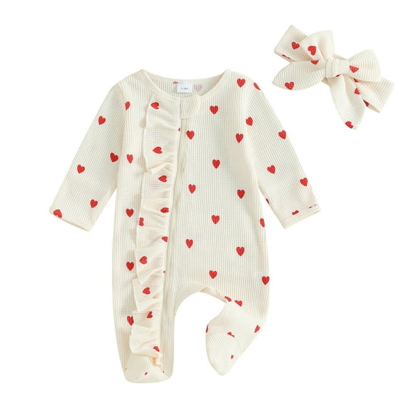 Elippeo Baby Girls Valentine's Day Jumpsuit 3M 6M Long Sleeve Crew Neck Heart Print Ruffle Zipper Romper with Headband