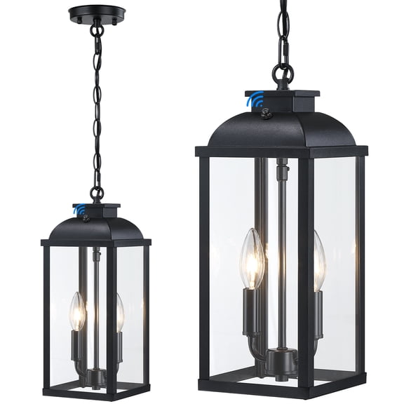 Large Outdoor Pendant Light 2-Light, 15.8" Dusk to Dawn Exterior Hanging Lights Fixture with Clear Glass, Modern Black Outdoor Chandelier for Gazebo Porch Patio Front Door