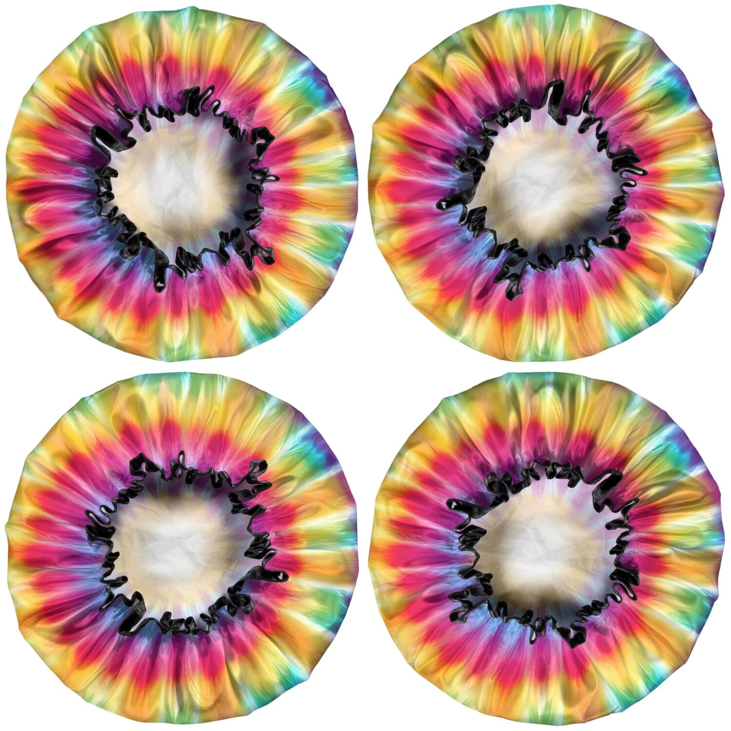 Shower Caps,Rainbow Tie Dye Radial Pattern Waterproof Shower Cap for Women 4 Pieces,Double Reusable Hair Cover for Shower PEVA Elastic Stretch Hem