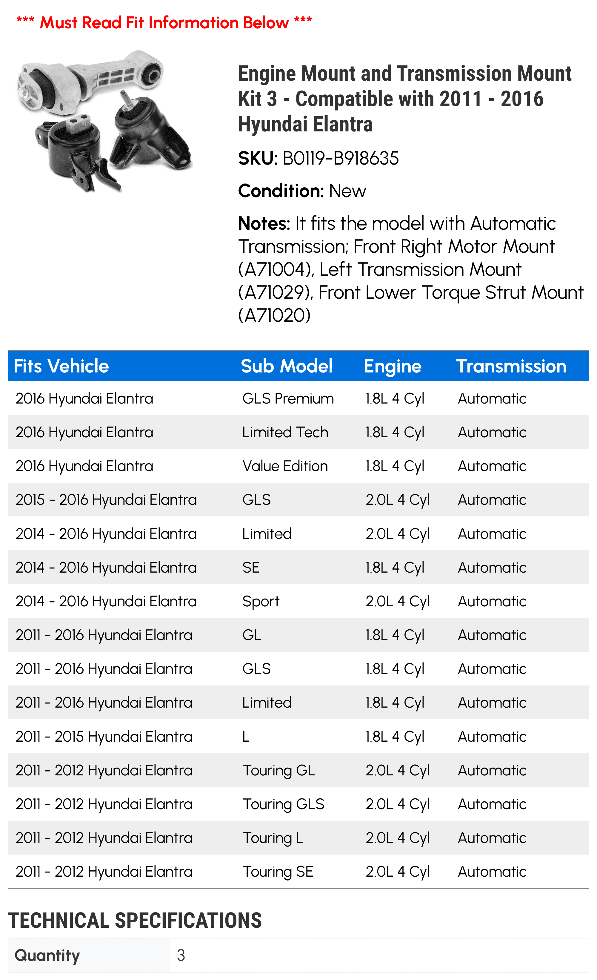 Engine Mount and Transmission Mount Kit 3 - Compatible with 2011 - 2016 Hyundai Elantra 2012 2013 2014 2015