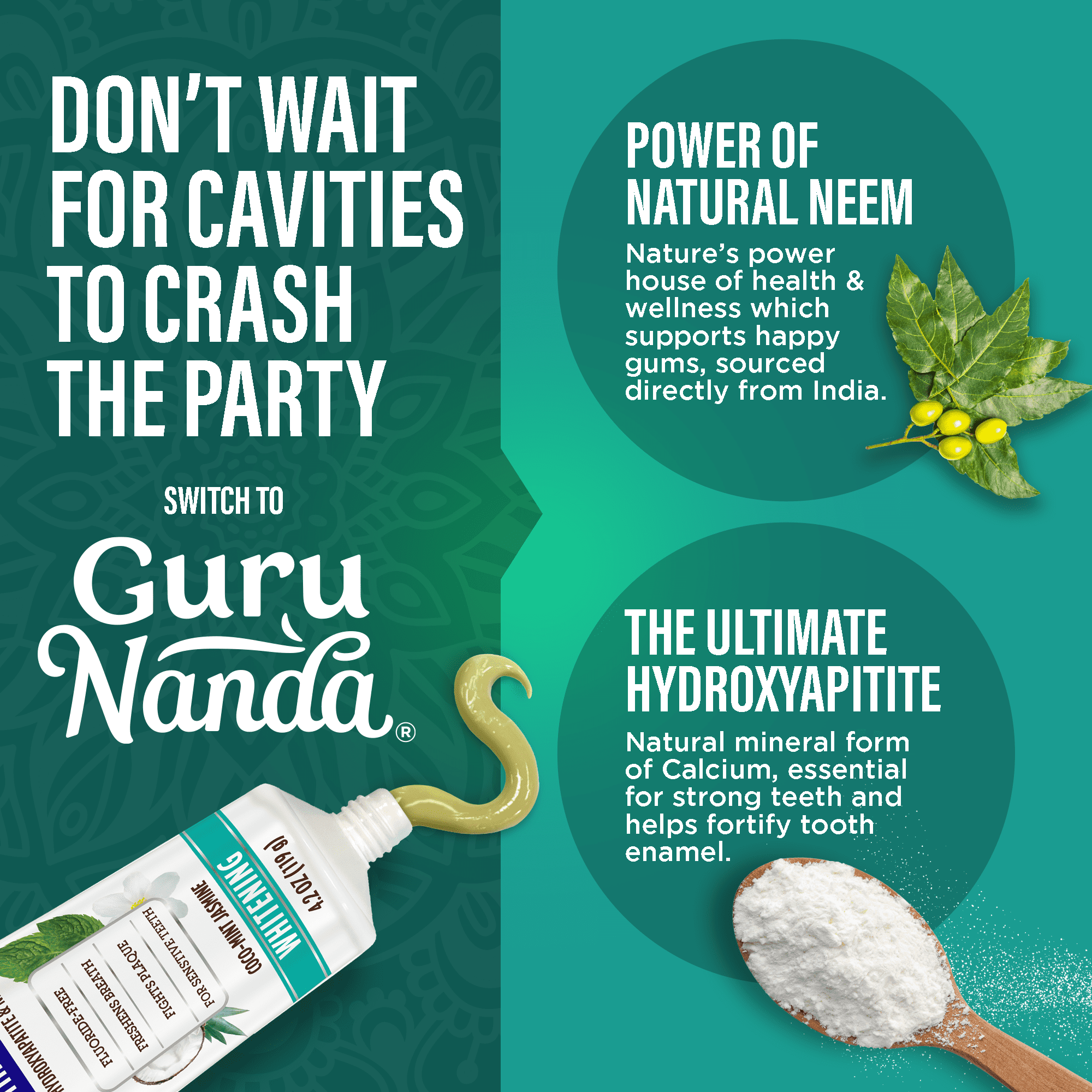 GuruNanda Fluoride-Free Whitening Toothpaste With 5% Hydroxyapatite and Neem - 4 Pack