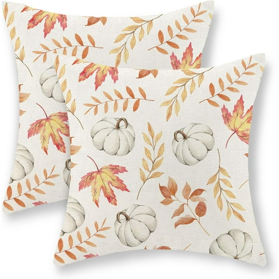 Fall Decor Pillow Covers 18x18 Inch Set of 2 Autumn Maple Leaves Throw Pillows for Couch Thanksgiving White Pumpkin Harvest Indoor Outdoor Decorative Cushion Cases for Sofa Bed Decorations