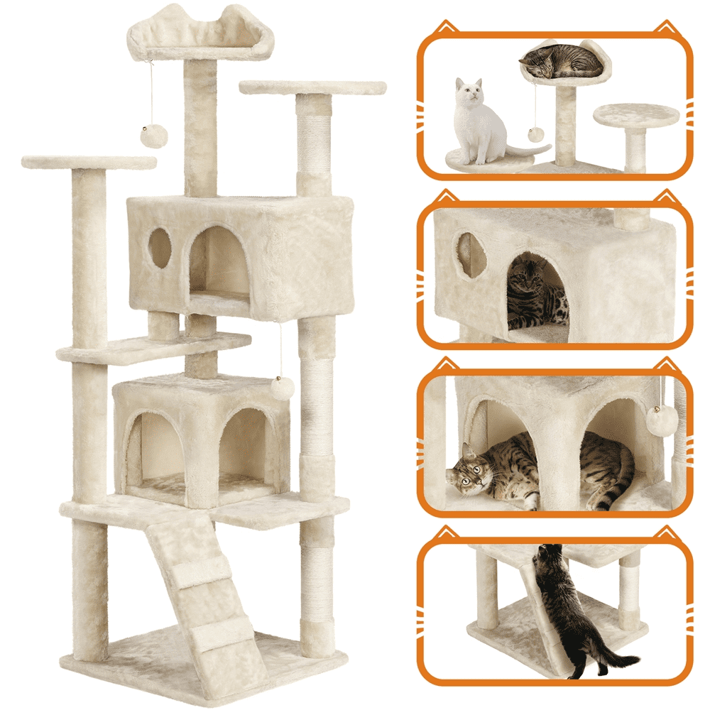 Alden Design 62''H Double Condo Cat Tree with Scratching Post Tower, Beige