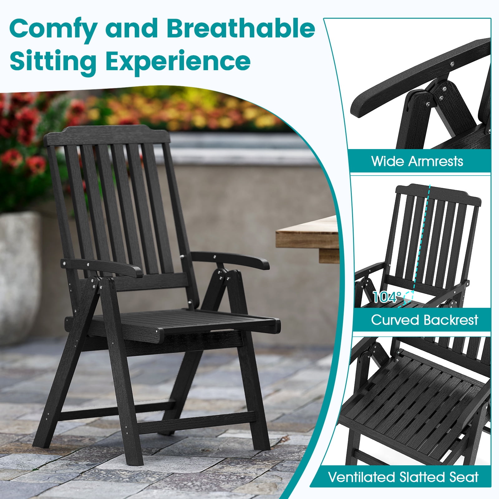 Gymax 2PCS Foldable Patio Chair w/Armrest Curved Back Slatted Seat for Backyard Deck Black