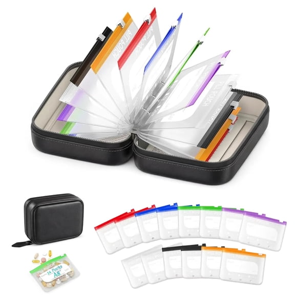 A8 Waterproof Pill Organizer Set with 14 Color-Pill Pouches, Large Weekly Travel Medicine Organizer, 7–14 Day Travel Pill Organizer, Portable Binder Design Zippered Pill Storage