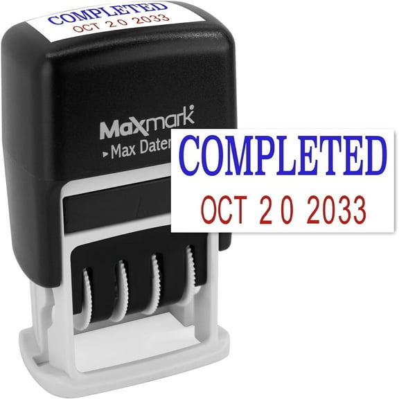 MaxMark Self-Inking Rubber Date Office Stamp with COMPLETED Phrase BLUE INK & Date RED INK (Max Dater II)