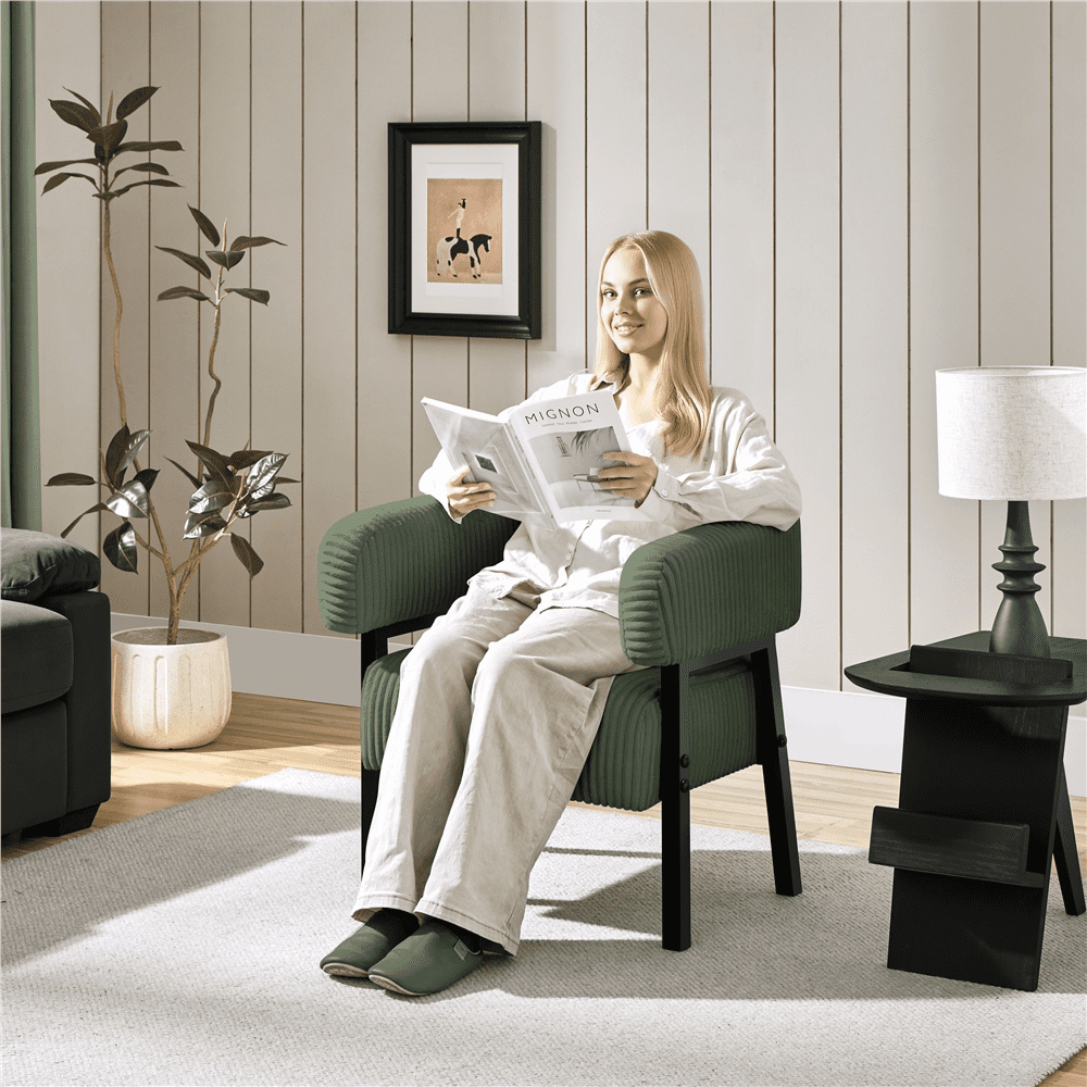 Renwick Corduroy Accent Chair with Solid Wood Legs for Living Room, Dark Green