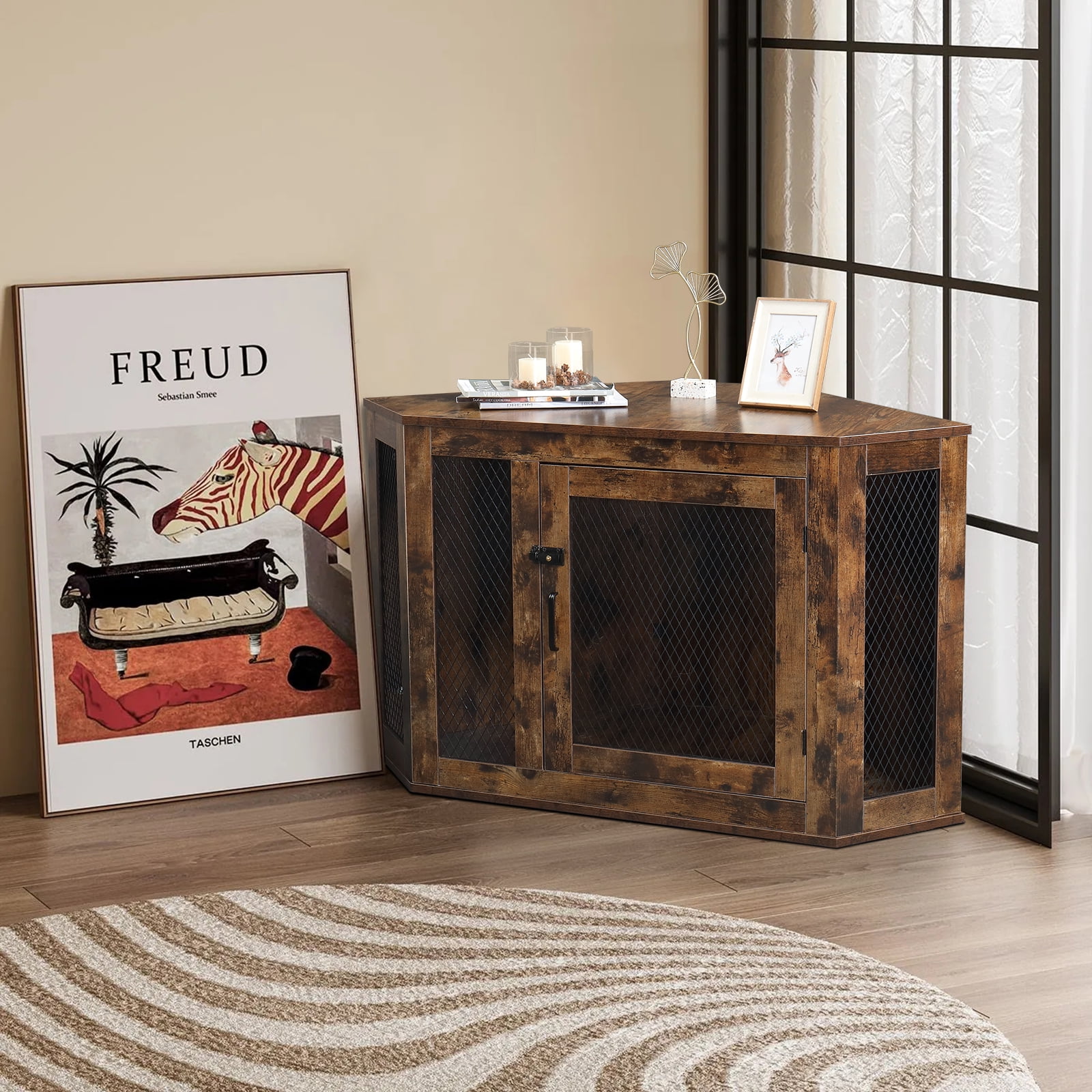 Ktaxon 44.3in Corner Dog Crate with Lockable Doors, Wood Dog Kennel