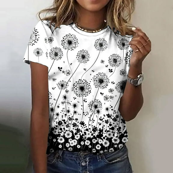 Odbmxy Short Sleeve Women T Shirts Summer Womens Tops Floral Pull on Loose Casual Everyday Vintage Tops,L