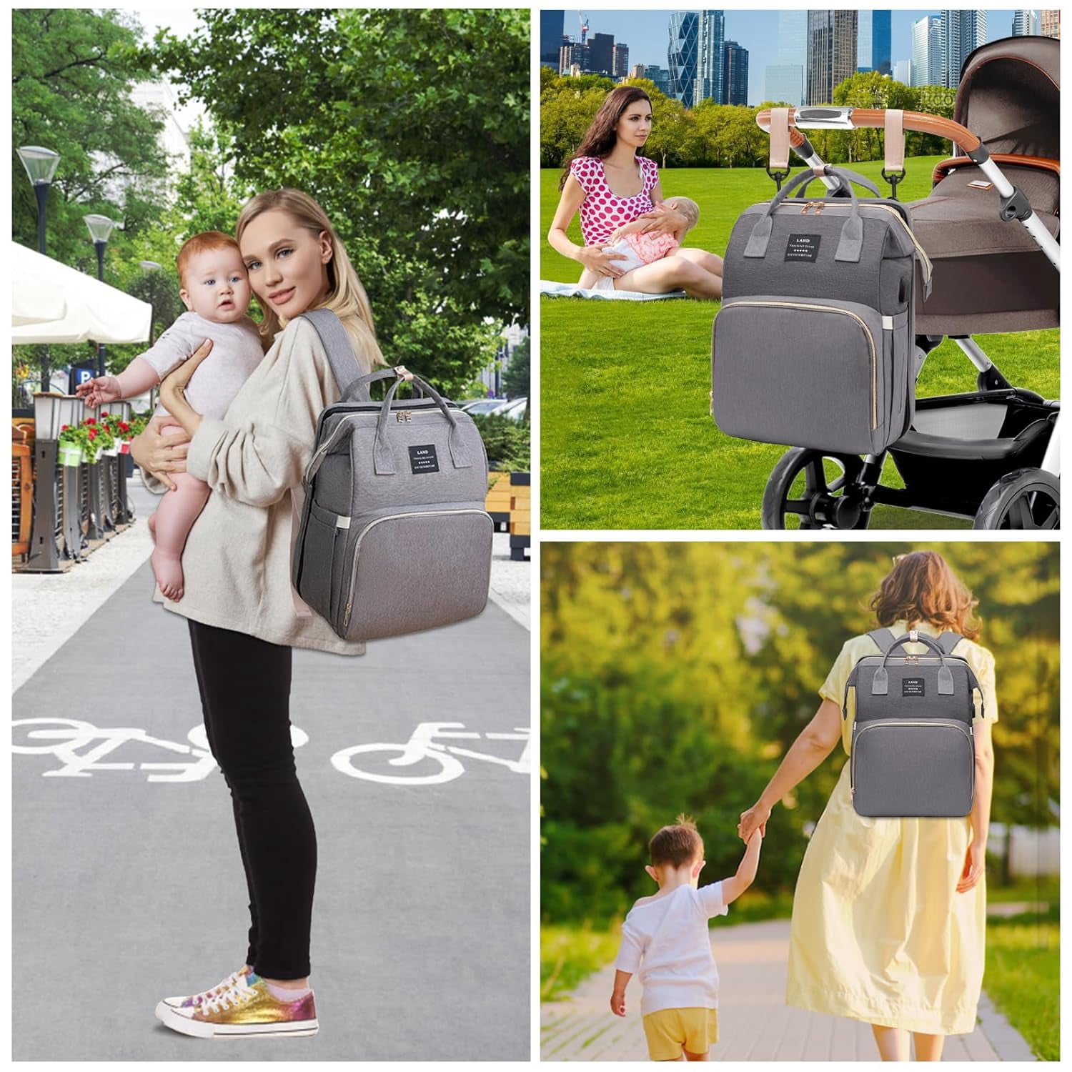 RSENFREMIOR Diaper Bag with Changing Station for Mom Dad, Large Capacity Travel Backpack with Stroller Straps ,3 in 1 Waterproof Foldable Changing Bag with Foldable Crib for Girls Boys