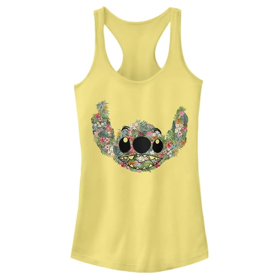Junior's Lilo & Stitch Tropical Flower Big Face  Racerback Tank Top Banana X Small