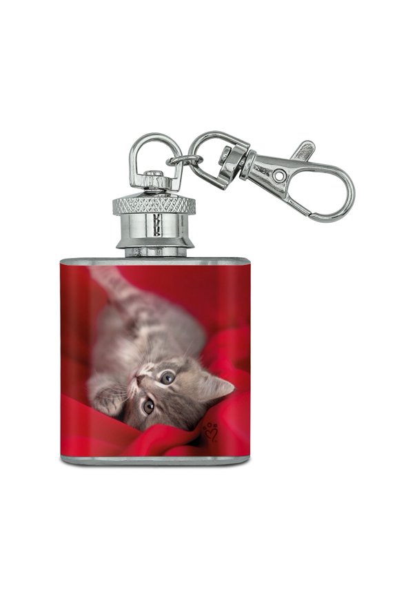 Manx Kitten Cat Red Valentines Stainless Steel 1oz Mini Flask Key Chain