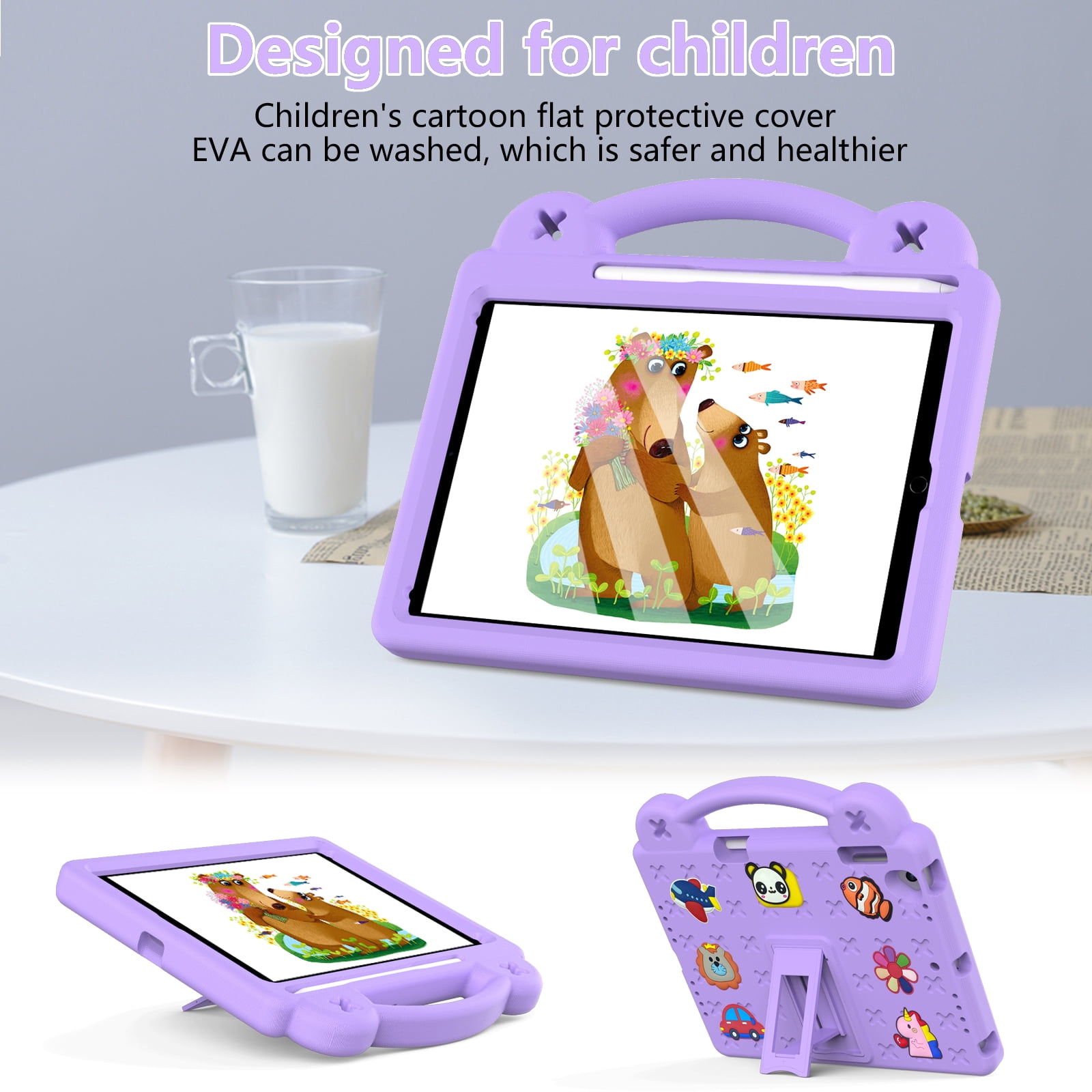 ELEHOLD Kids Case for iPad 6th/5th Gen/Pro (2018/2017/2016) 9.7 inch, EVA Foam Cute Cartoon Case with Built-in Kickstand Pencil Holder Shockproof Portable Case for iPad 9.7"/iPad Air/Air 2,Lightpurple