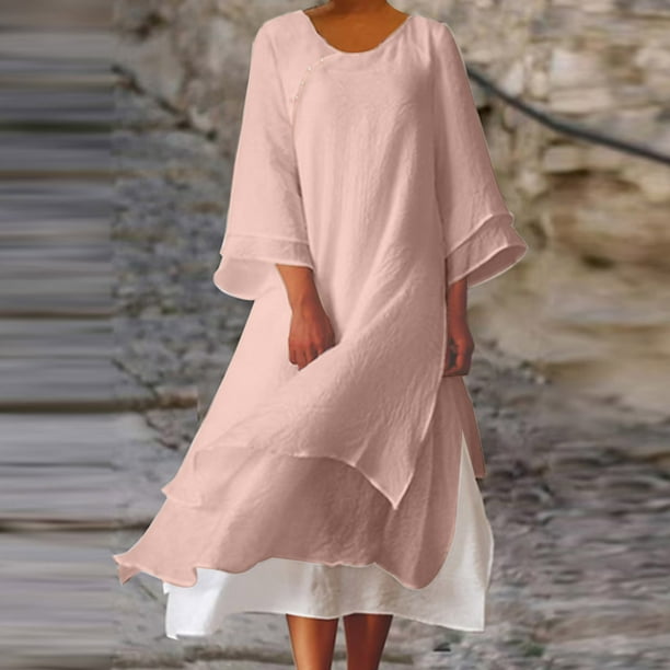 Puntoco Vestido De Manga Larga Con Bolsillo Informal De Algodón Y Lino De Color Sólido Con Cuello Redondo De Primavera Y Verano Para Mujer Rosa Xxl,Regalos Para Mujer Joven