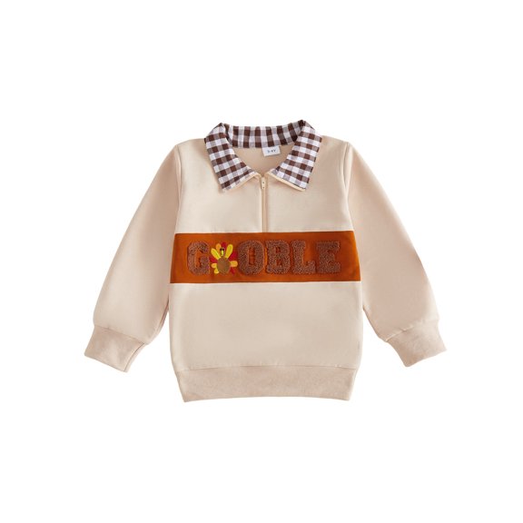 RUINIXCW Toddler Baby Boy Thanksgiving Sweatshirt Outfit Fall Winter Quarter Zip Sweatshirts Letter Turkey Embroidery Plaid Lapel Long Sleeve Pullover Shirt Top