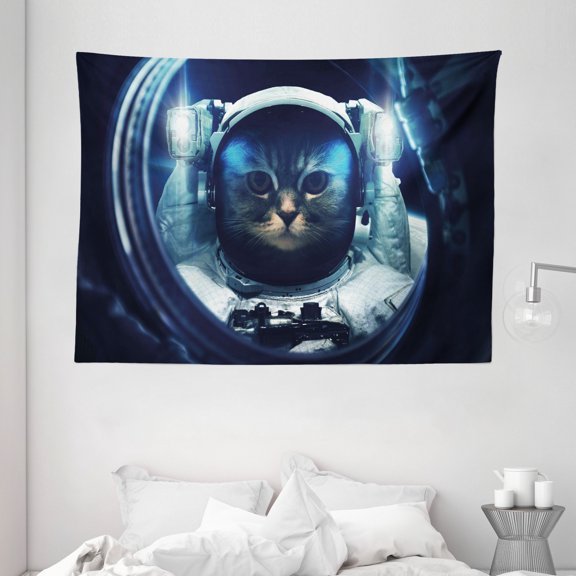 Space Cat Tapestry, Kitty in Space Suit Loking From Rocket in Galactic Space Orbit Artwork, Wall Hanging for Bedroom Living Room Dorm Decor, 80W X 60L Inches, Dark Blue and White, by Ambesonne