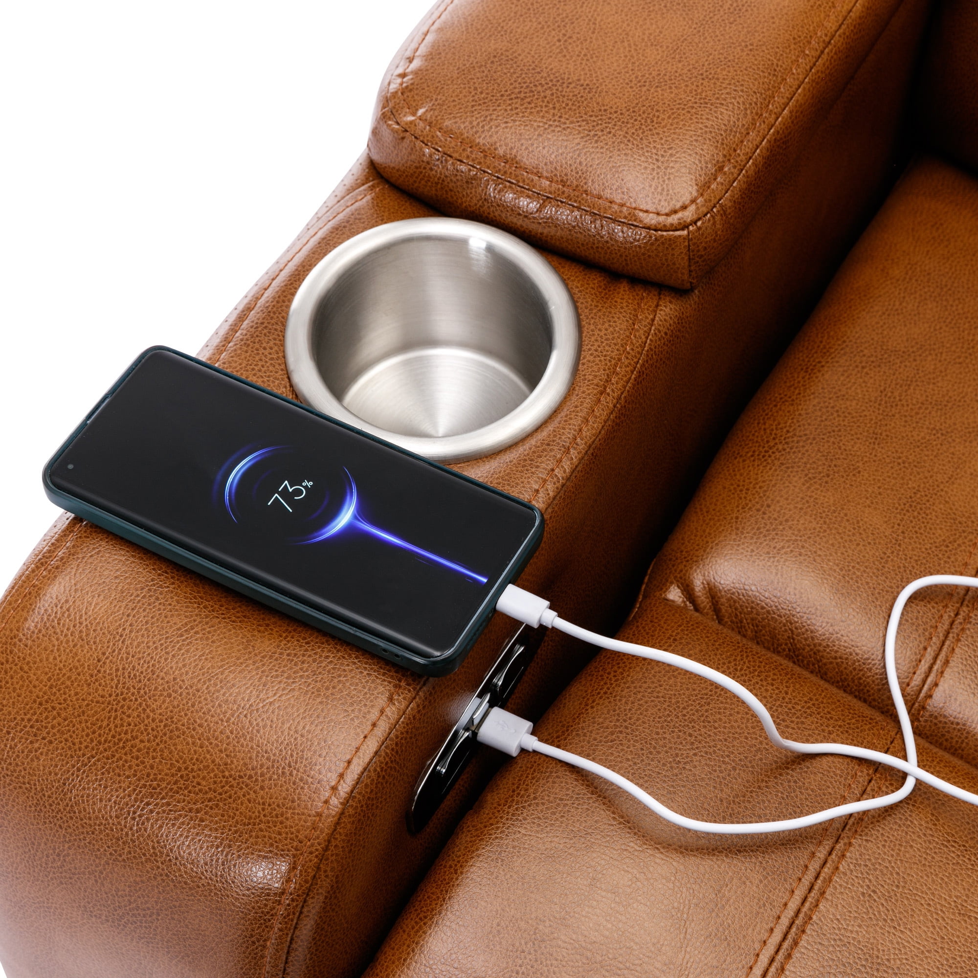 EUROCO 37"W Oversized PU Leather Home Theater Recliner with Stereo and USB Charging Port, Hidden Arm Storage,Convenient Cup Holder for Living Room（Light Brown）