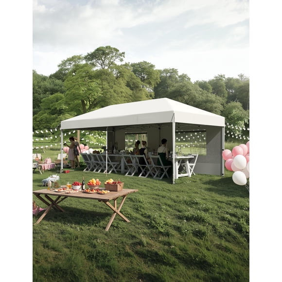 10'x 20' Pop up Canopy Tent, Instant Easy Setup Commercial Canopy Tent with 2Pcs Sidewalls, 12 Stakes & 6 Sandbags, Portable Outdoor Tent for Farmers' Market, Wedding, Patio, Party, Event-Black