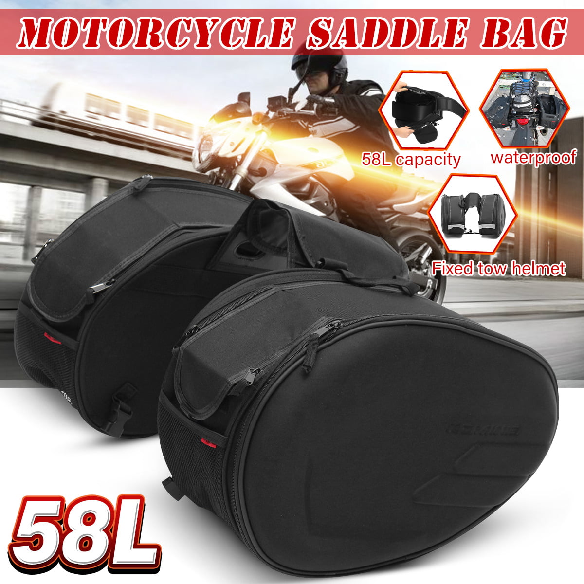 58L Motorcycle Saddle Bags Expandable Panniers Bags Package Scooter Luggage Case 