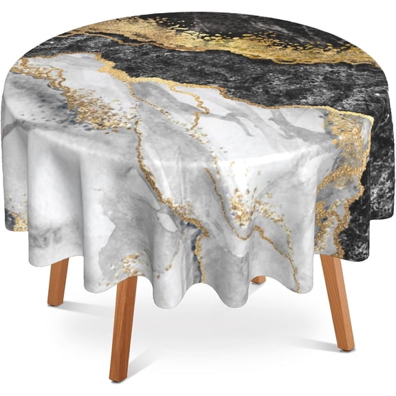 Black White Gold Marble Round Tablecloth 60 inch,Abstract Circle Table Cloth Polyester Waterproof Stain Wrinkle Free Table Cover for Home Kitchen Dining Party Pinic Patio Outdoor Decor
