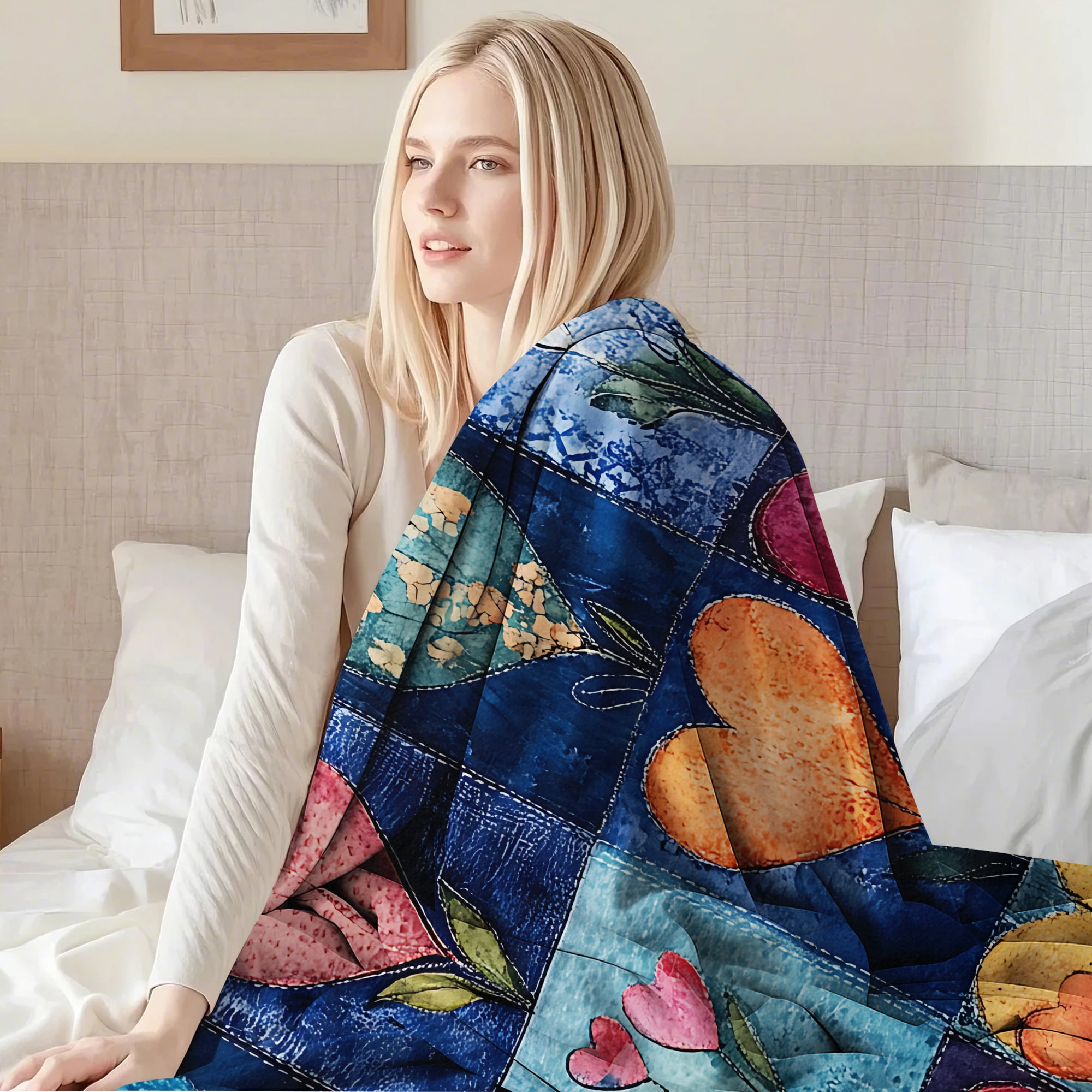 Sherpa Fleece Throw Blanket 40"x 50" Reversible Plush Fluffy Blanket, Double-Layer Super Soft Flannel Blanket for Sofa, Couch, Bed, Patchwork Floral & Heart Pattern