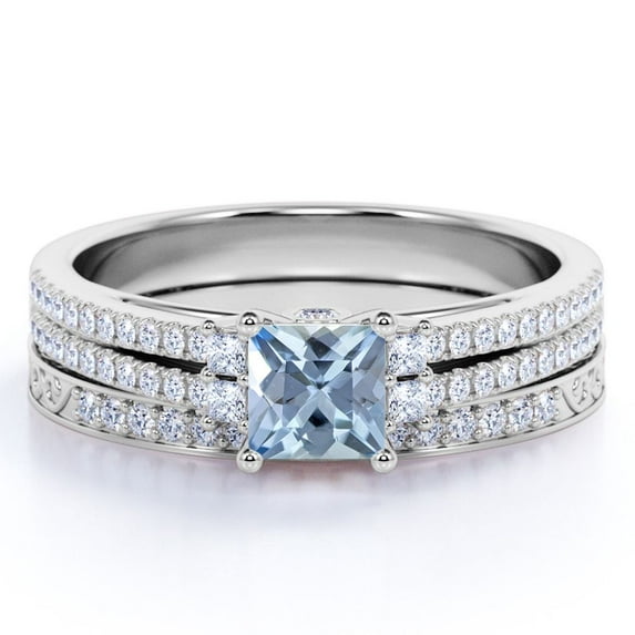 1.5 carat Princess Cut Dark Blue Created Aquamarine Pave Milgrain Wedding Ring Set in 18k White Gold over Silver