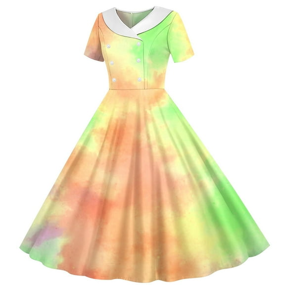 Girls Vintage 1950s Swing Party Dress Tie Dye Double-Breasted Retro Rockabilly Audrey Style Midi Dress for Kids 5-14 Years