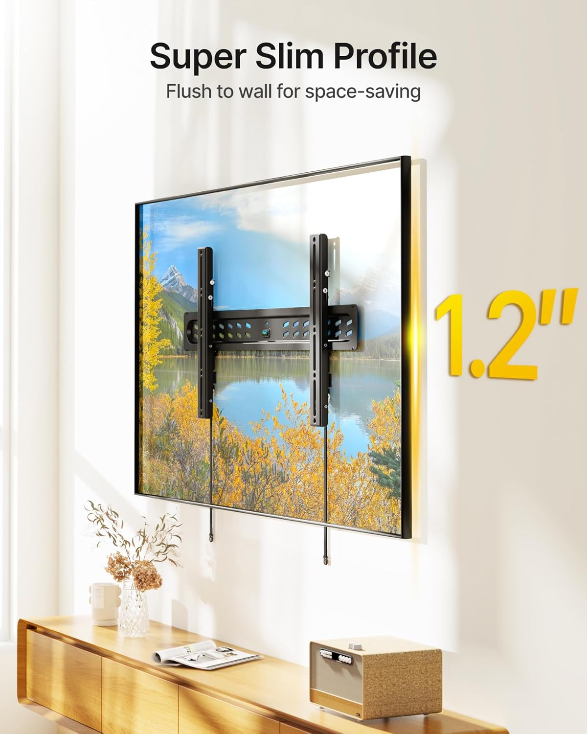monTEK Ultra Slim Tilting TV Wall Mount Bracket for 43–95" Flat & Curved TVs – 1.2" Low Profile, Anti-Glare Tilt, Holds 150 lbs, Supports VESA 800x400, Fits 16"/18"/24"/32" Studs