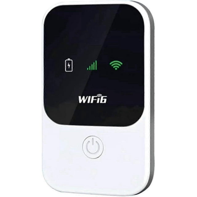 2025 latest model portable wifi 5g lte wifi mobile hotspot, portable travel Hotspot móvil blanco y negro, vista frontal centrada de rectángulo con esquinas redondeadas; panel superior negro muestra iconos verdes de batería, señal celular y Wi‑Fi y texto 'WIFI6', botón de encendido circular en la parte inferior. Diseño compacto y delgado para viaje; requiere tarjeta SIM propia según especificaciones.