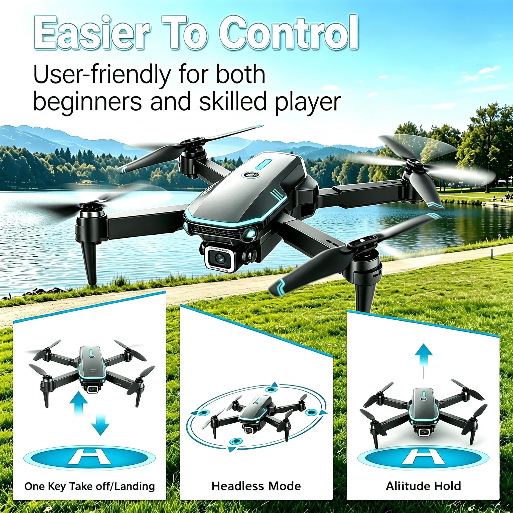 TongLi DR1916 Foldable Drone, Screen Controller, Single Camera, Shockproof 3D Flip Beginner Quadcopter Gift for Kids 8+ Black