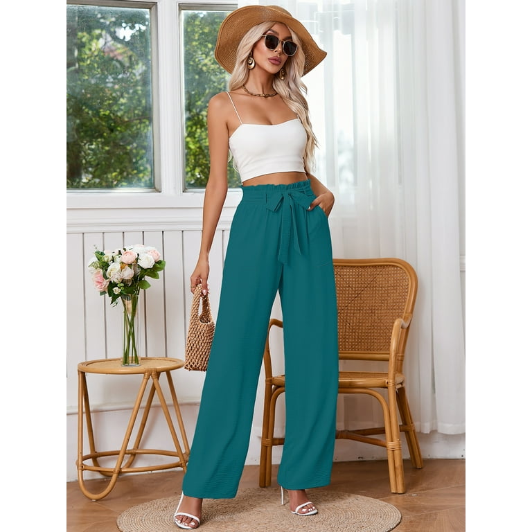 Chiclily Women's Wide Leg Pants with Pockets Turquoise Small Chiclily Women's Wide Leg Pants with Pockets Turquoise Small