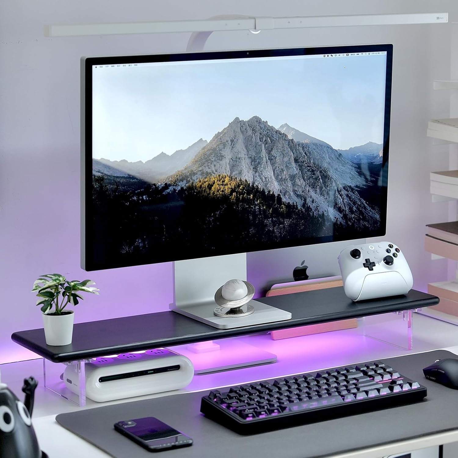Bamboo Monitor Stand Riser with RGB Lights,31.5 Inches Desktop Shelf with Acrylic Legs Supports for Desk, PC Computer Monitor, Laptops, Printer, Speakers (Black)
