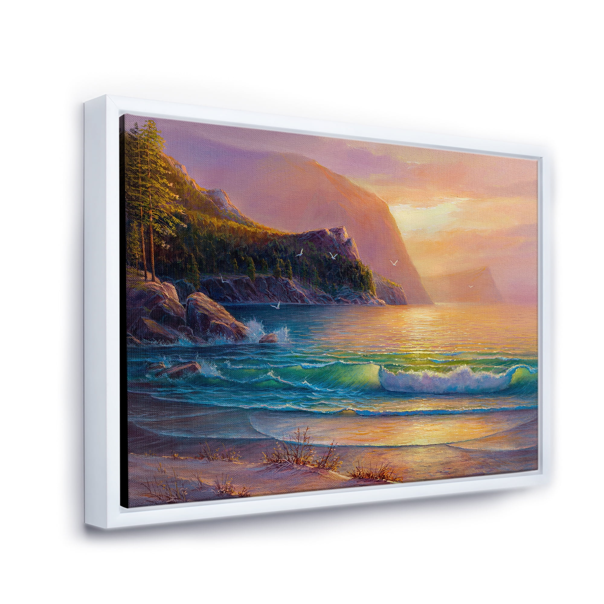 Designart 'Romantic Beach During Warm Evening' Nautical & Coastal Framed Canvas Wall Art Print