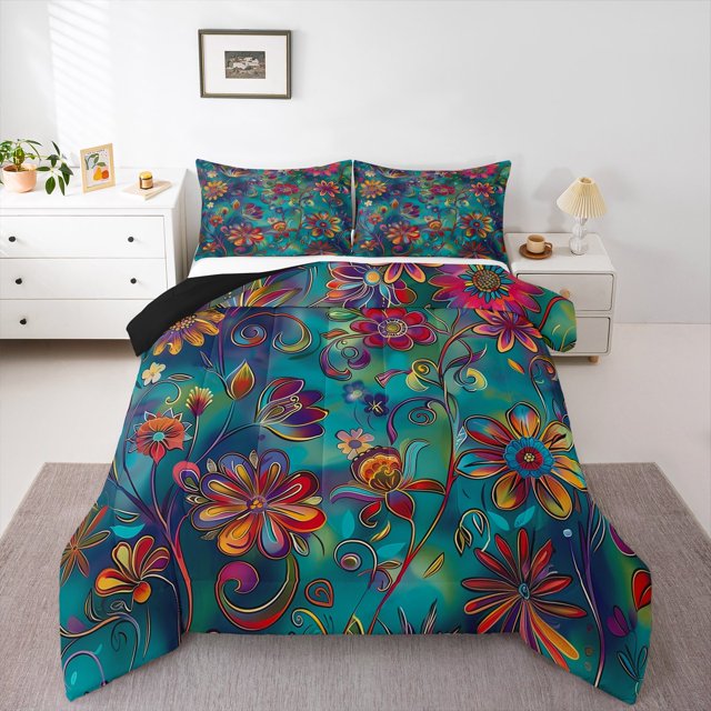 Erosebridal Retro Boho Floral Bedding Toddler Comforter Set,Rainbow Botanical Down Comforter,Gradient Blue Pink Bedding Sets Toddler with Comforter,Microfiber Room Decoration Reversible,2 Pieces