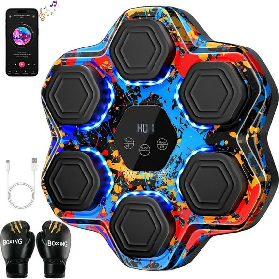 Music Boxing Machine, Smart Bluetooth Boxing Machine for Kids Adult, Wall Mounted Music Punching Trainer with Gloves, LED Electronic Boxing Target Equipment with 9 Modes & 9 Speeds for Home, Gym
